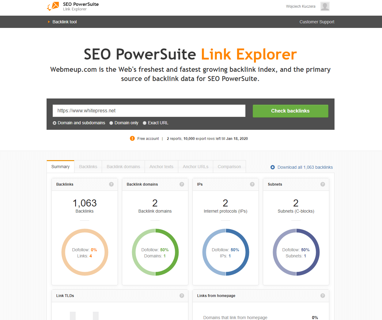 Nástroj SEO PowerSuite LInk Explorer - rozhranie